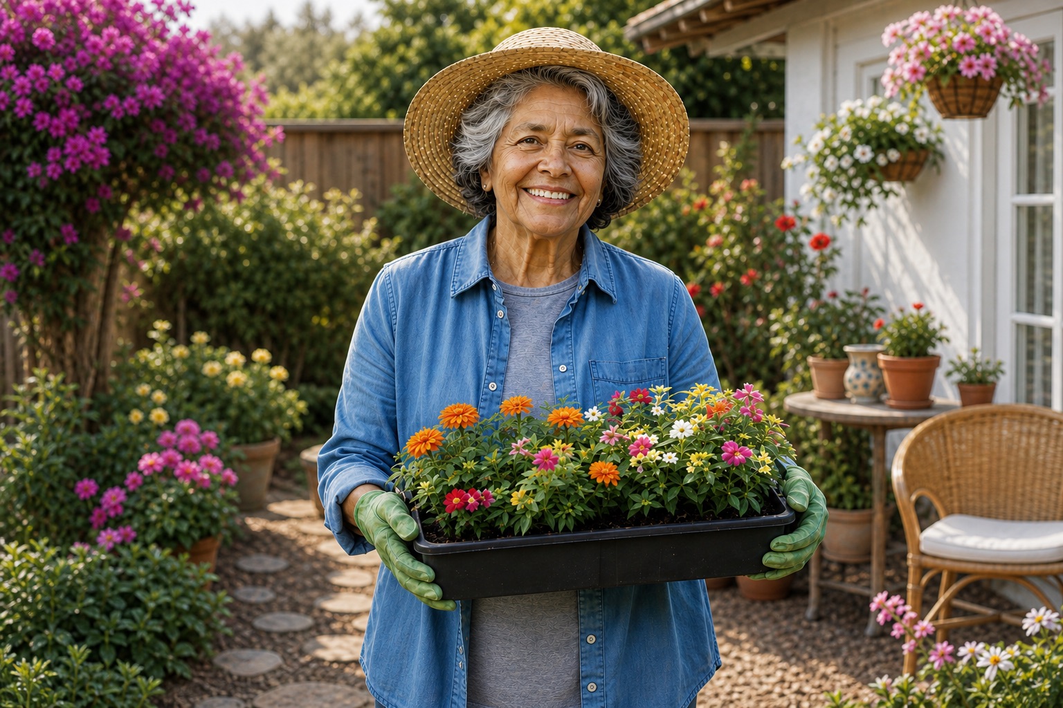 Mujer mayor feliz cuidando sus flores